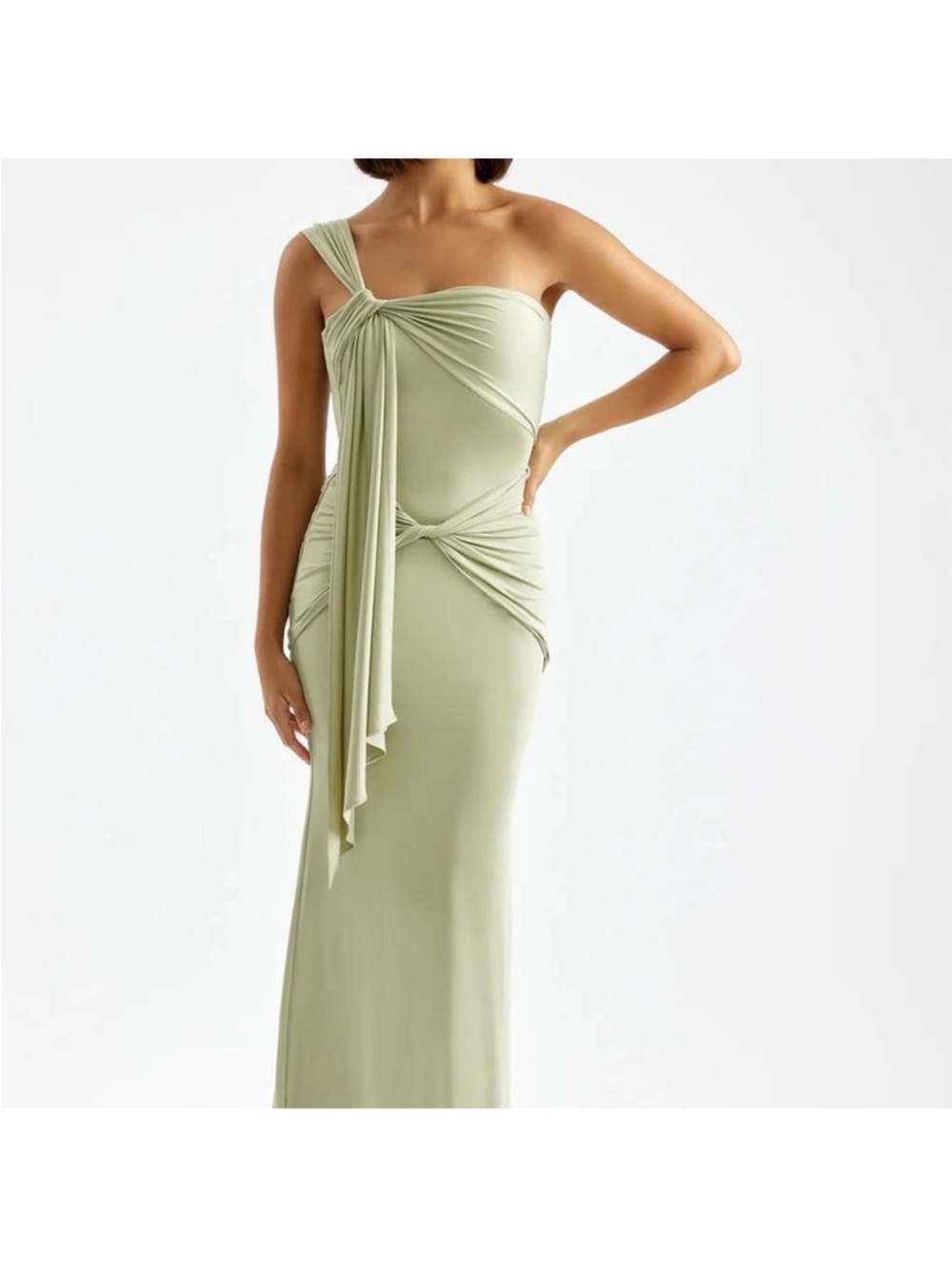 Elegant One-Shoulder Sage Green Draped Evening Gown